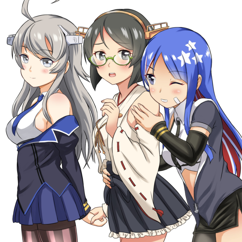 3girls, ahoge, bare_shoulders, black_hair, black_neckwear, blue_eyes, blue_hair, blue_neckwear