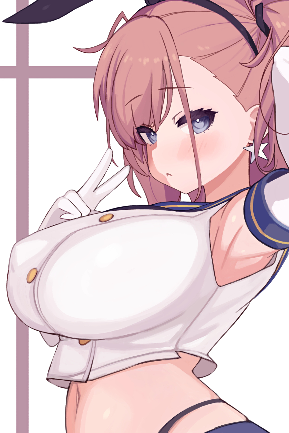 1girl, :<, atlanta_(kantai_collection), bad_anatomy, black_neckwear, black_panties, blue_sailor_collar, blue_skirt, blush, breasts, brown_hair, cosplay, crop_top, earrings, elbow_gloves, eyebrows_visible_through_hair, from_side, gloves, grey_eyes, highleg, highleg_panties, highres, huge_breasts, jewelry, kantai_collection, long_hair, miniskirt, navel, neckerchief, panties, rose_neru, sailor_collar, sepia, shimakaze_(kantai_collection), shimakaze_(kantai_collection)_(cosplay), skirt, sleeveless, solo, star_(symbol), star_earrings, twintails, underwear, upper_body, v, white_gloves