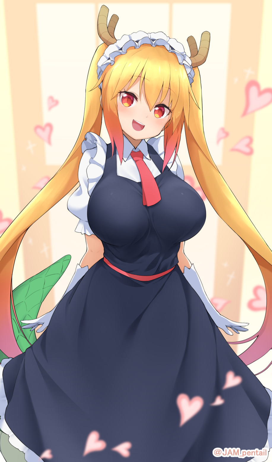 1girl, blonde_hair, breasts, cravat, dragon, dragon_girl, dragon_horns, dragon_tail