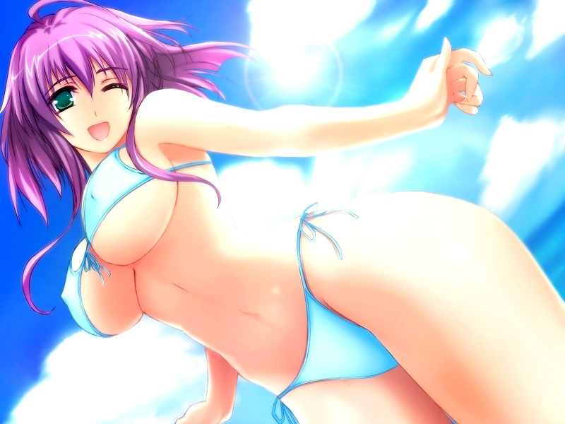breasts, erect_nipples, green_eyes, kotosuki_madoka, navel, open_mouth, purple_hair, short_hair, side-tie_bikini, swimsuit, tsuma_shibori, under_boob, underboob, white_bikini, wink