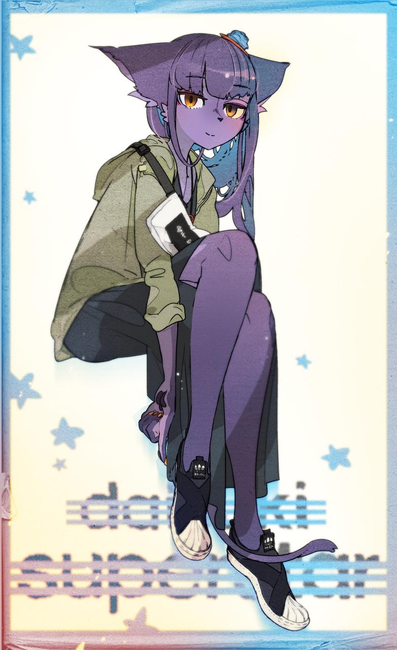 1girl, animal_ears, black_footwear, black_skirt, blue_hair, closed_mouth, colored_inner_hair, colored_skin