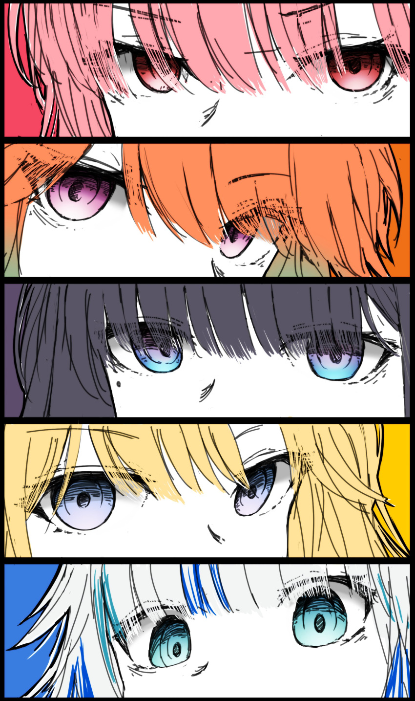 5girls, absurdres, bangs, blonde_hair, blue_eyes, blue_hair, chain's, close-up