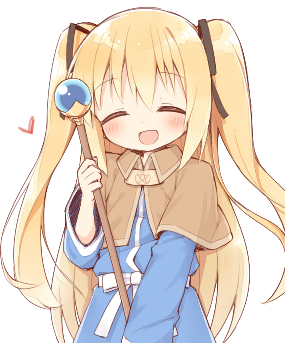 1girl, :d, ^_^, ayanepuna, bangs, black_ribbon, blonde_hair, blue_dress