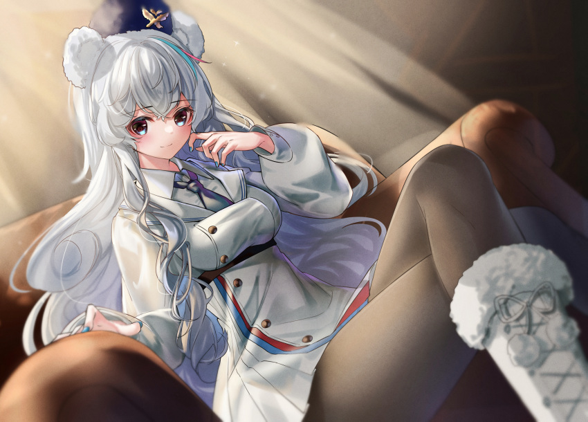 1girl, animal_ears, arknights, bear_ears, black_legwear, blue_eyes, blue_headwear, blue_nails