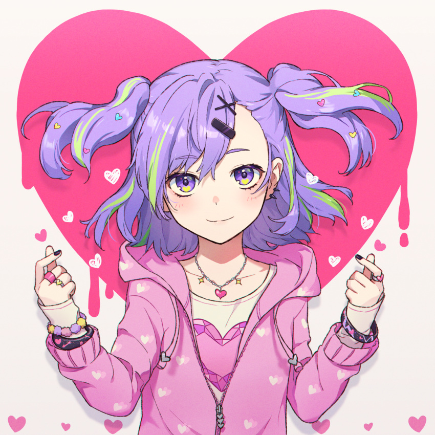1girl, ashika_(yftcc948), black_nails, bracelet, collarbone, dripping, eyebrows_visible_through_hair, finger_heart