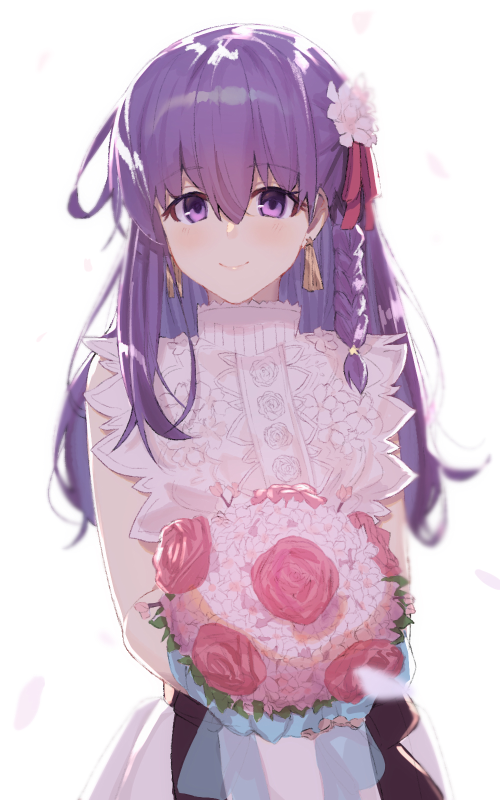 1girl, bangs, blush, bouquet, breasts, chip_le_cree, dress, earrings