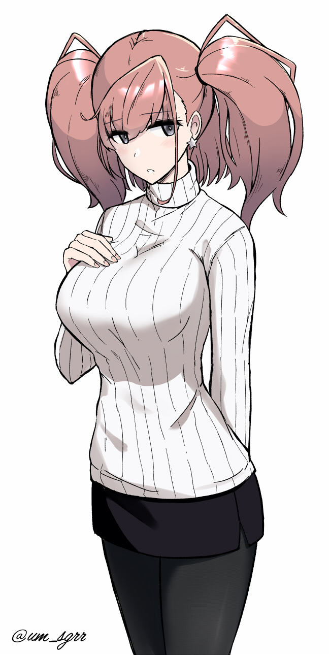 1girl, atlanta_(kantai_collection), black_legwear, black_skirt, breasts, brown_hair, earrings, eyebrows_visible_through_hair