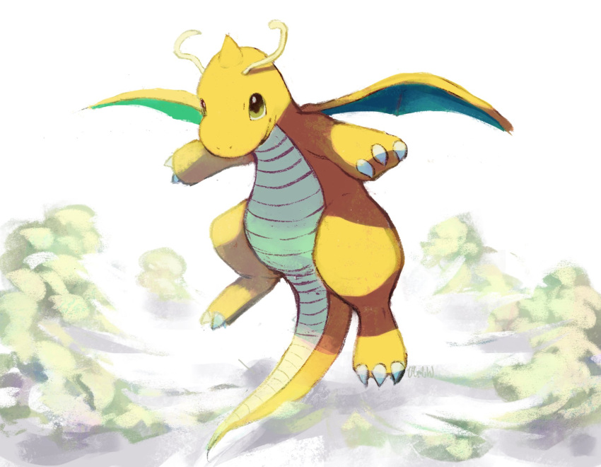 bishamon_(usagi_ba), claws, closed_mouth, commentary_request, dragon, dragonite, dust, flying, full_body, gen_1_pokemon, highres, no_humans, outstretched_arms, pokemon, pokemon_(creature), signature, solo