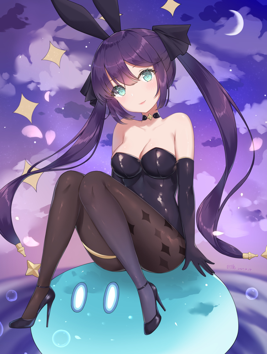 1girl, black_legwear, breasts, genshin_impact, highres, mona_(genshin_impact), pantyhose, playboy_bunny, ro_esfera, slime, twintails