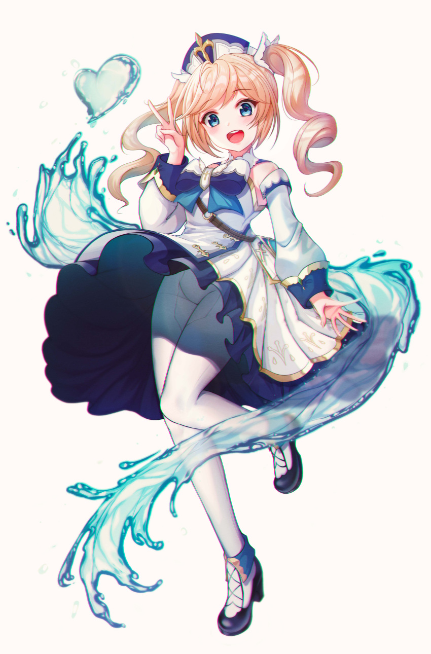 1girl, :d, absurdres, barbara_(genshin_impact), blonde_hair, blue_eyes, blush, bow, bowtie, dress, drill_hair, frilled_dress, frills, full_body, genshin_impact, hat, heart, high_heels, highres, latin_cross, long_sleeves, looking_at_viewer, open_mouth, pantyhose, smile, solo, twin_drills, twintails, upskirt, v, water, white_dress, white_legwear, wind, wind_lift, xuga