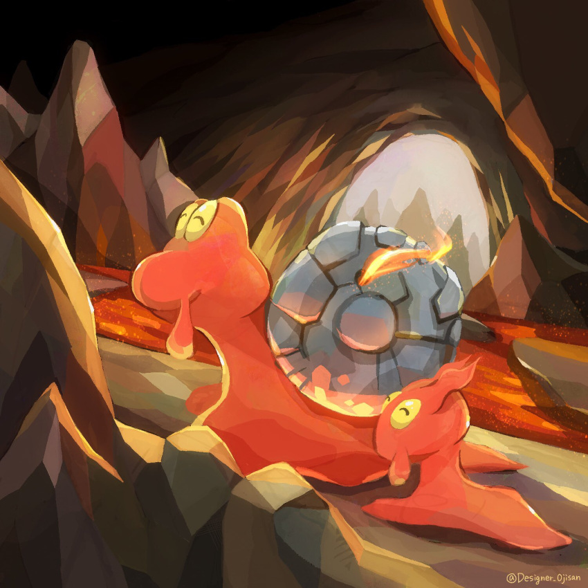 artist_name, cave_interior, closed_eyes, closed_mouth, commentary_request, designer_ojisan, fire, from_side