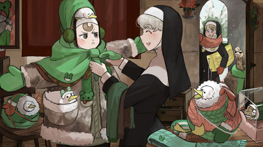 3girls, :d, ^_^, animal, animal_in_clothes, animal_on_head, arch, bird