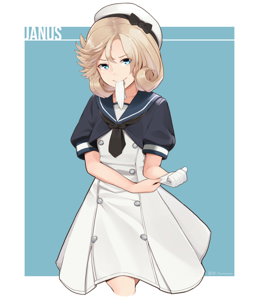 1girl, bangs, befu, black_neckwear, blonde_hair, blue_eyes, blue_sailor_collar, border