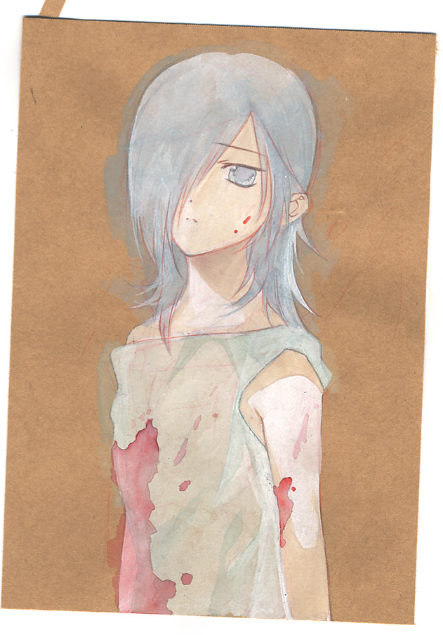 1boy, akio_(mememe), allelujah_haptism, bad_id, blood, gundam, gundam_00, hospital_gown