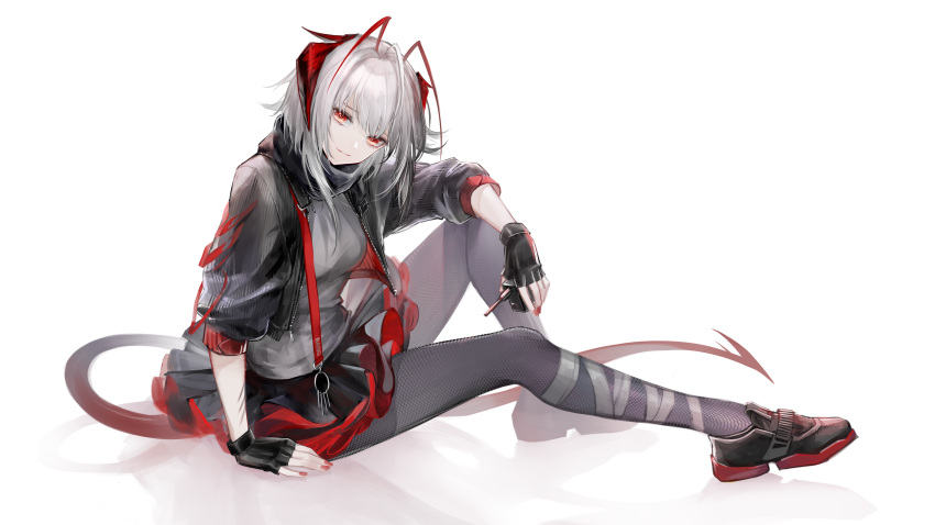 1girl, absurdres, antennae, arknights, bandaged_leg, bandages, bangs, black_footwear, black_gloves, black_jacket, black_scarf, black_skirt, breasts, commentary, fingerless_gloves, gloves, grey_legwear, grey_shirt, highres, holding, horns, jacket, looking_at_viewer, miniskirt, nail_polish, open_clothes, open_jacket, pantyhose, qiangjitong, red_eyes, red_nails, scarf, shirt, shoes, short_hair, silver_hair, simple_background, skirt, small_breasts, smile, solo, tail, w_(arknights), white_background
