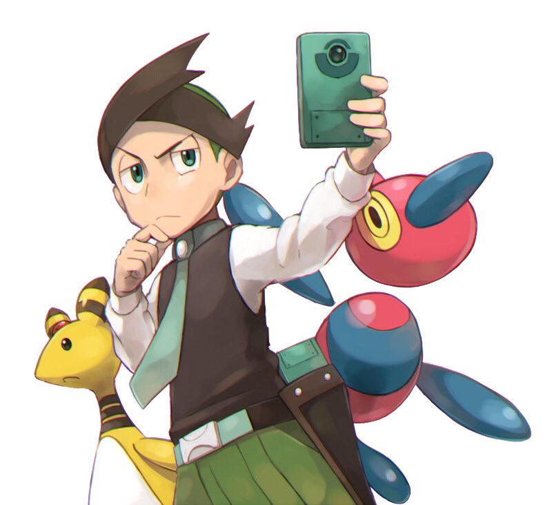 1boy, ampharos, aono_wo, belt, black_vest, brown_hair, chin_stroking, closed_mouth