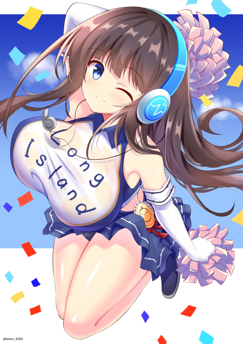 1girl, alternate_costume, arm_up, azur_lane, bare_shoulders, black_hair, blue_eyes, blush