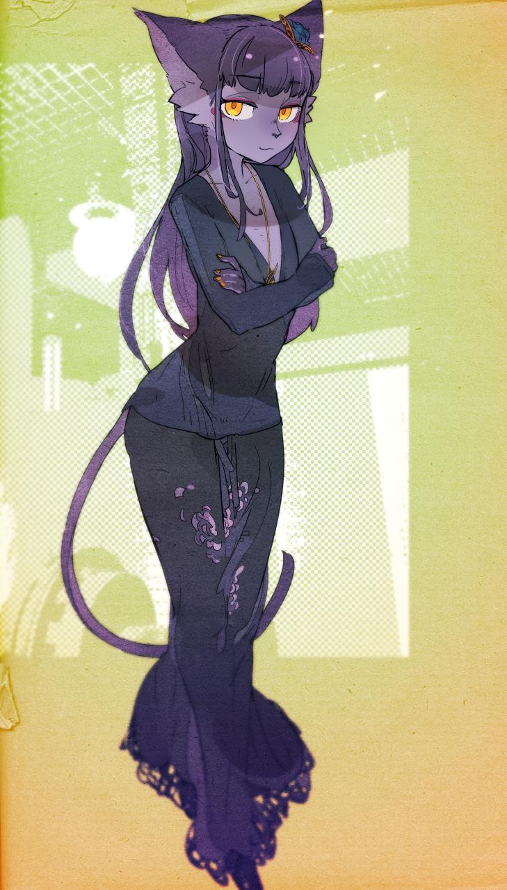 1girl, animal_ears, black_shirt, black_skirt, blue_flower, blue_rose, closed_mouth, colored_skin