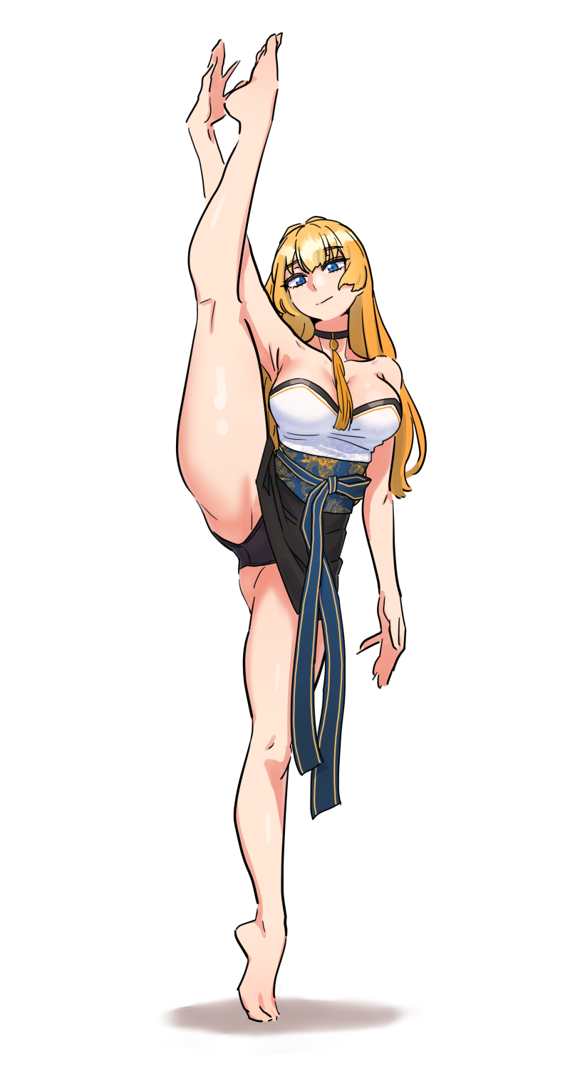 1girl, bangs, bare_legs, bare_shoulders, barefoot, blonde_hair, blue_eyes, breasts