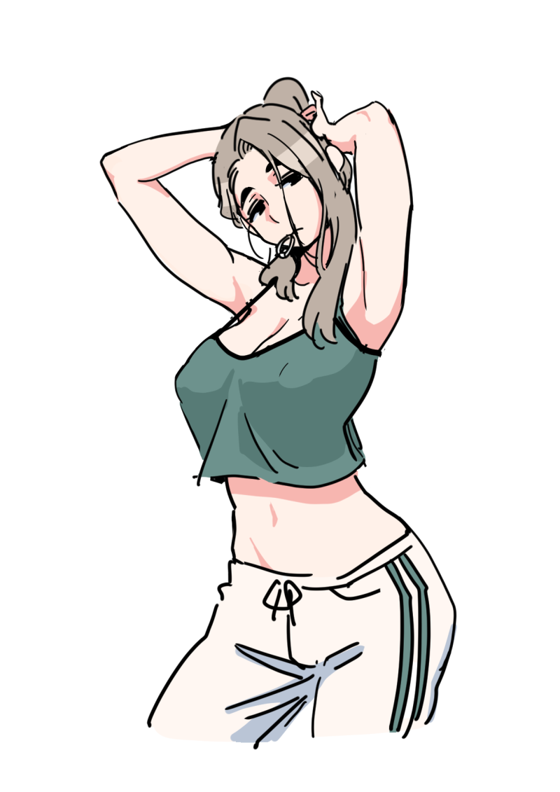 1girl, adjusting_hair, armpits, arms_up, breasts, brown_hair, camisole, covered_nipples, cowboy_shot, crop_top, green_camisole, large_breasts, midriff, mouth_hold, navel, original, pants, royal_tea, simple_background, solo, strap_gap, white_background, white_pants