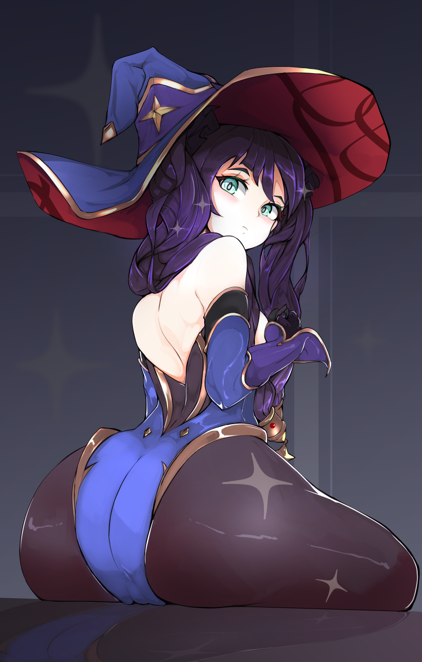 1girl, aqua_eyes, ass, backless_leotard, black_legwear, blue_leotard, bow, breasts