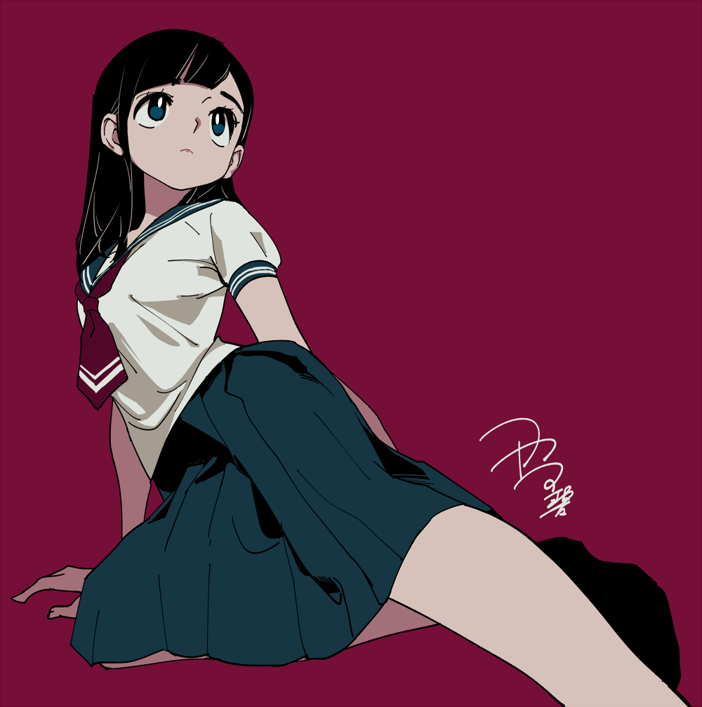 1girl, black_hair, black_sailor_collar, black_skirt, blue_eyes, long_hair, neckerchief, original