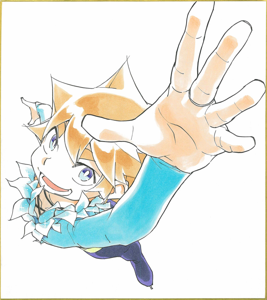 1boy, absurdres, blonde_hair, blue_eyes, feather_trim, figure_skating, from_above, highres