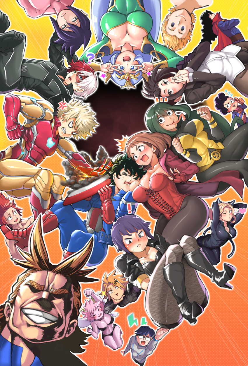 6+boys, 6+girls, absurdres, all_might, anger_vein, armor, blonde_hair, blush