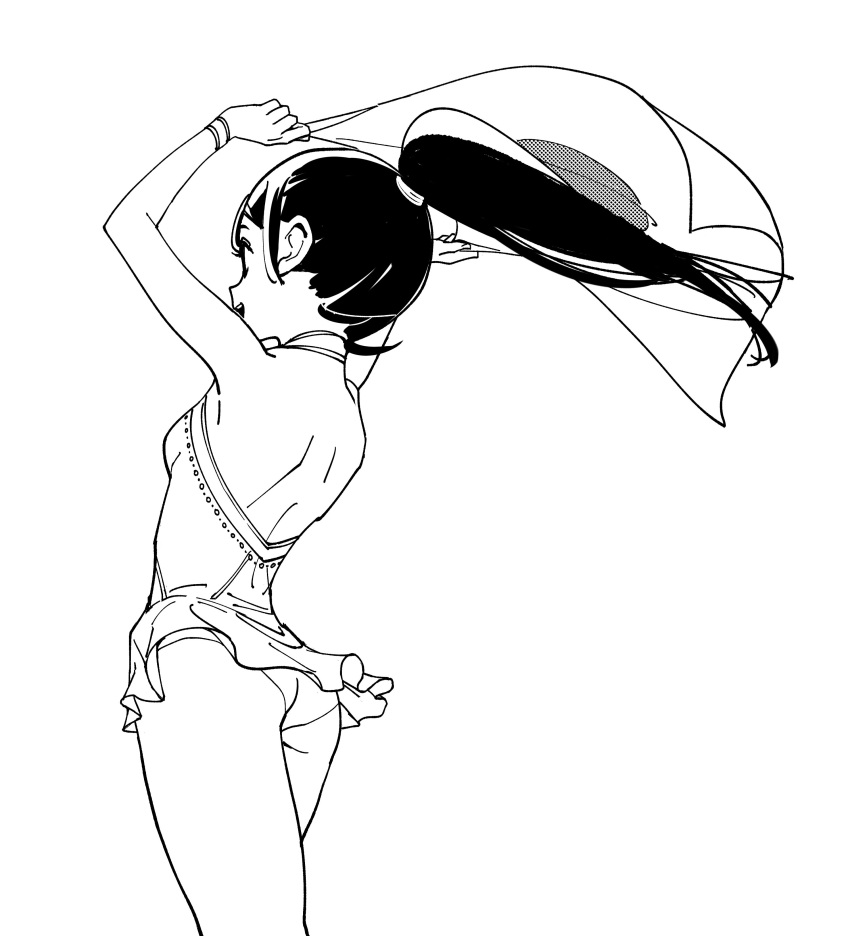 1girl, absurdres, arms_up, ass, backless_dress, backless_outfit, bare_legs, black_hair