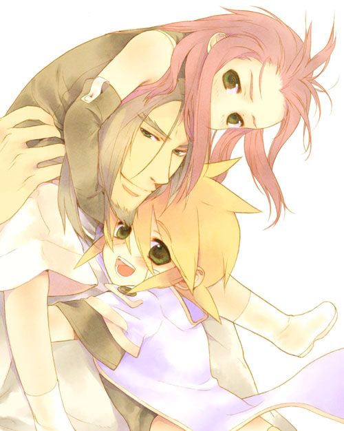 3boys, akio_(mememe), asch, beard, blonde_hair, brown_hair, carrying, elbow_gloves