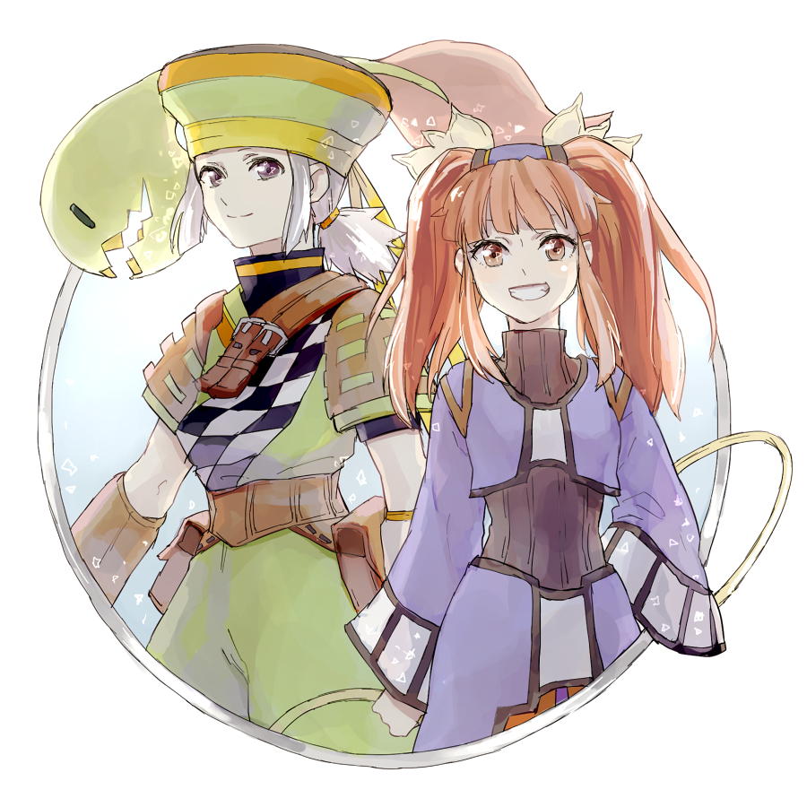 1boy, 1girl, belt, breasts, closed_mouth, dewprism, forehead_jewel, hat