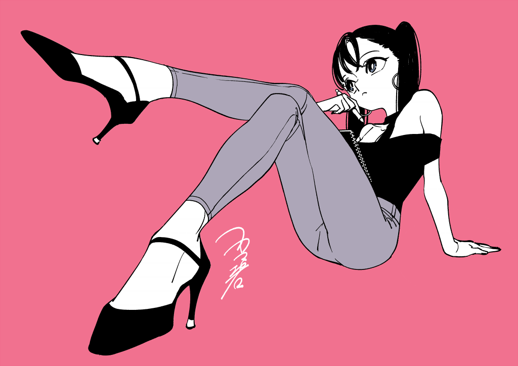 1girl, bare_shoulders, black_footwear, black_hair, black_shirt, expressionless, grey_pants, greyscale