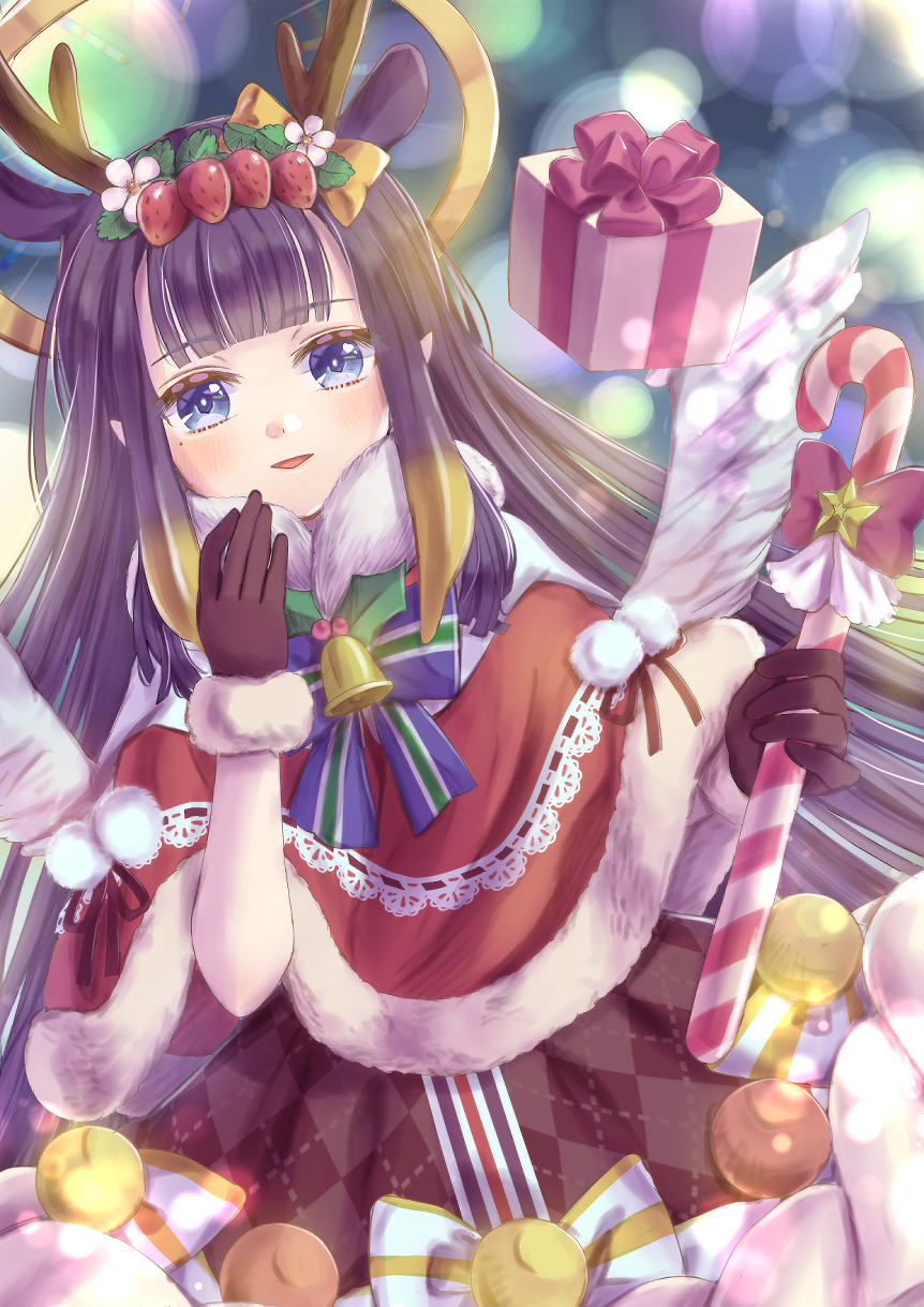 1girl, alternate_costume, alternate_hair_ornament, antlers, argyle_dress, arms_up, bangs, black_hair