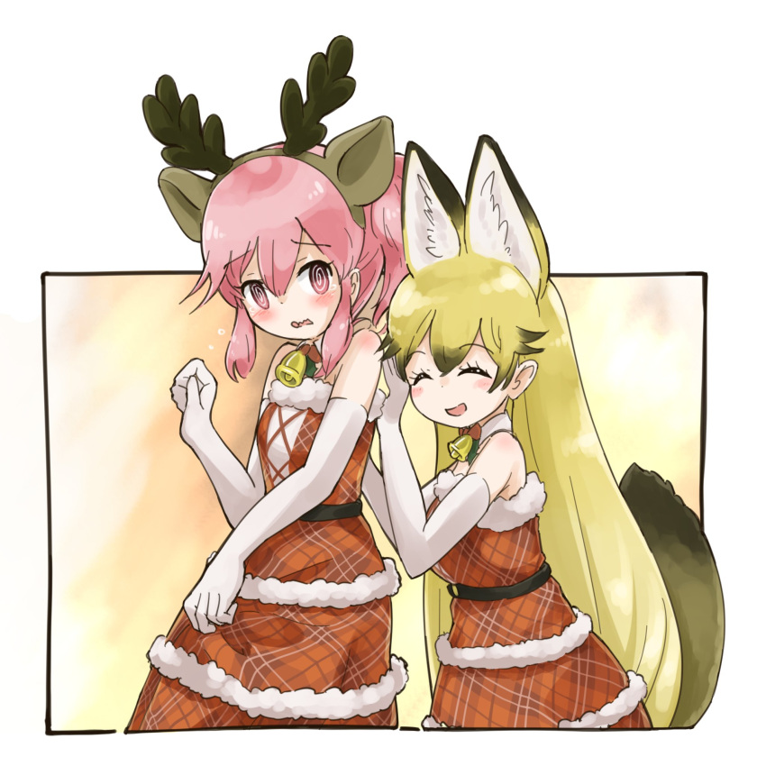 2girls, animal_ears, bare_shoulders, bell, bell_collar, blush, brown_hair, christmas, collar, commentary_request, dress, elbow_gloves, embarrassed, extra_ears, ezo_red_fox_(kemono_friends), fake_animal_ears, fake_antlers, fox_ears, fox_girl, fox_tail, gloves, highres, iwa_(iwafish), kemono_friends, kemono_friends_3, long_hair, matching_outfit, multiple_girls, nana_(kemono_friends), orange_hair, pink_eyes, pink_hair, plaid, plaid_dress, ponytail, red_dress, short_hair, sleeveless, tail, white_collar, white_gloves