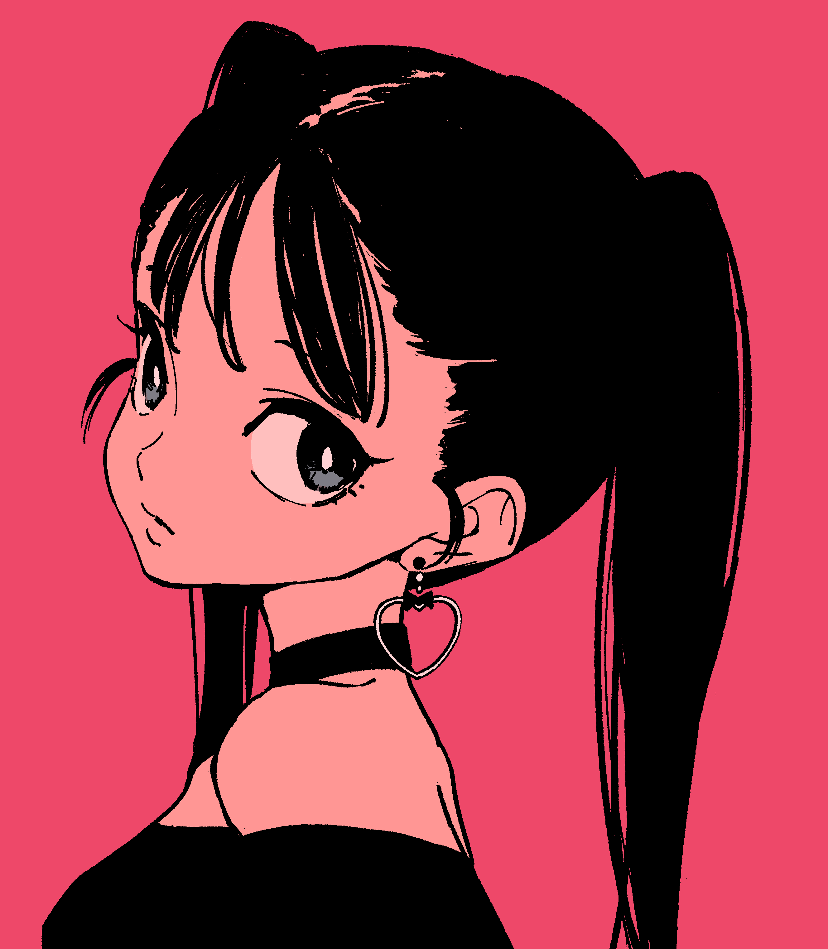 1girl, absurdres, bangs, bare_shoulders, black_hair, black_shirt, choker, earrings, heart, heart_earrings, highres, jewelry, long_hair, off-shoulder_shirt, off_shoulder, original, pink_background, portrait, shirt, simple_background, solo, tayama_midori, twintails