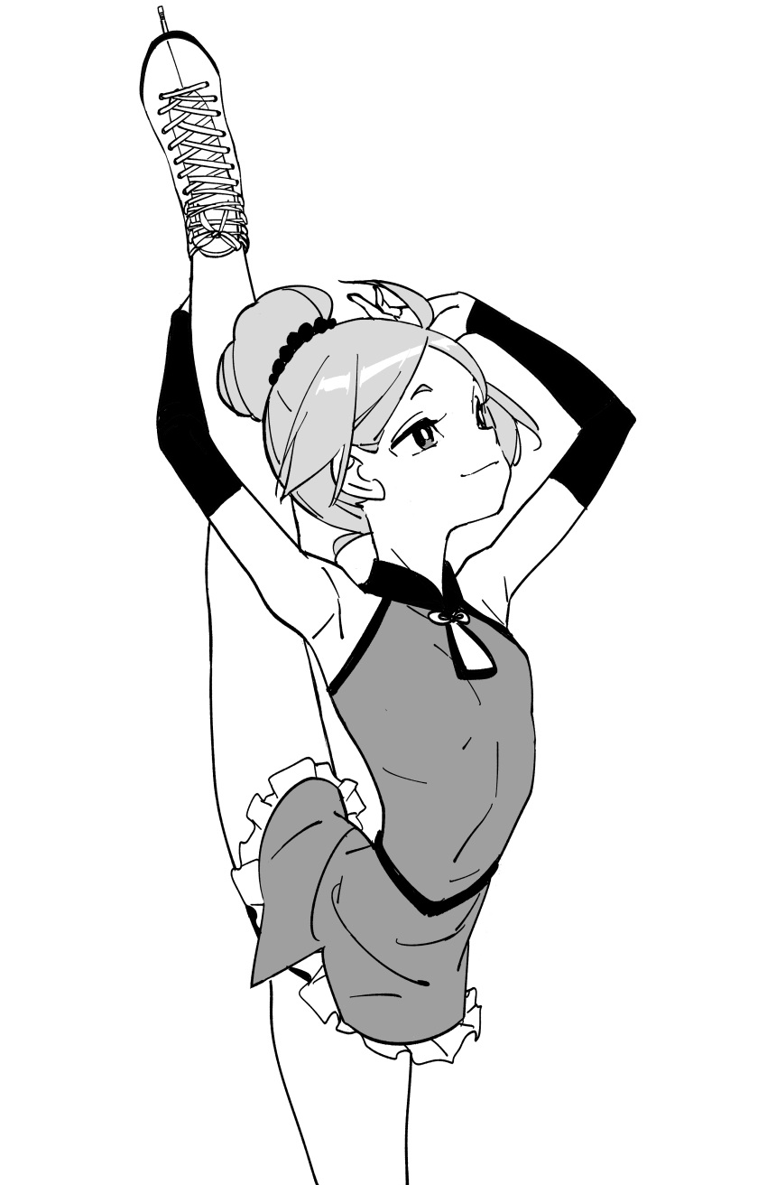 1girl, absurdres, armpits, figure_skating, foot_out_of_frame, greyscale, highres, hikami_no_crown, ice_skates, ice_skating, monochrome, simple_background, skates, skating, smile, solo, split, standing, standing_on_one_leg, standing_split, tayama_midori, white_background