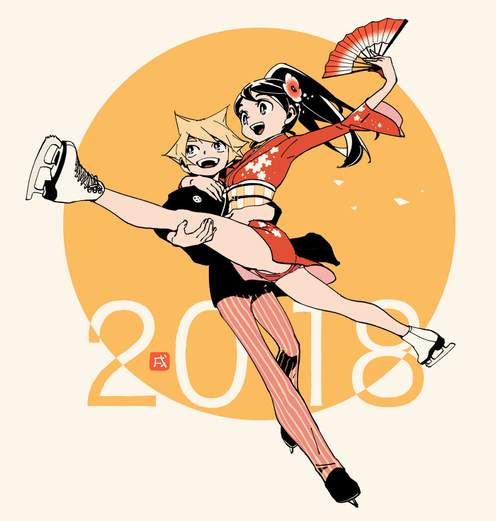2018, black_footwear, black_hair, blonde_hair, circle, dress, fan, figure_skating