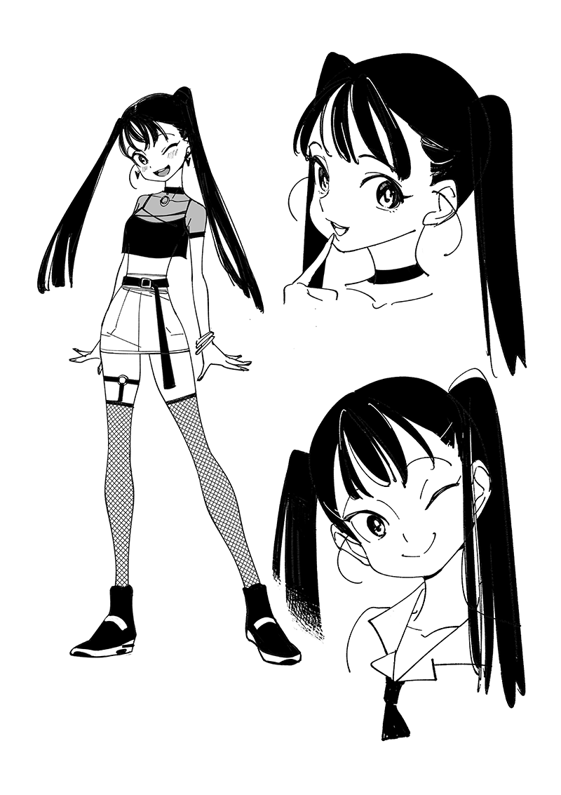 1girl, belt, black_hair, black_shirt, bracelet, copyright_request, crop_top, earrings