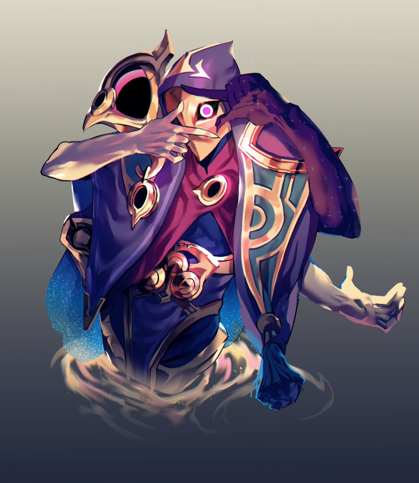 bad_link, belt, black_hole, cloak, colored_skin, eldritch_abomination, extra_arms, gold, highres, hood, hoodie, jhin, league_of_legends, looking_at_viewer, mask, non_receptio, pink_eyes, purple_skin, simple_background, single_eye, star_(sky)
