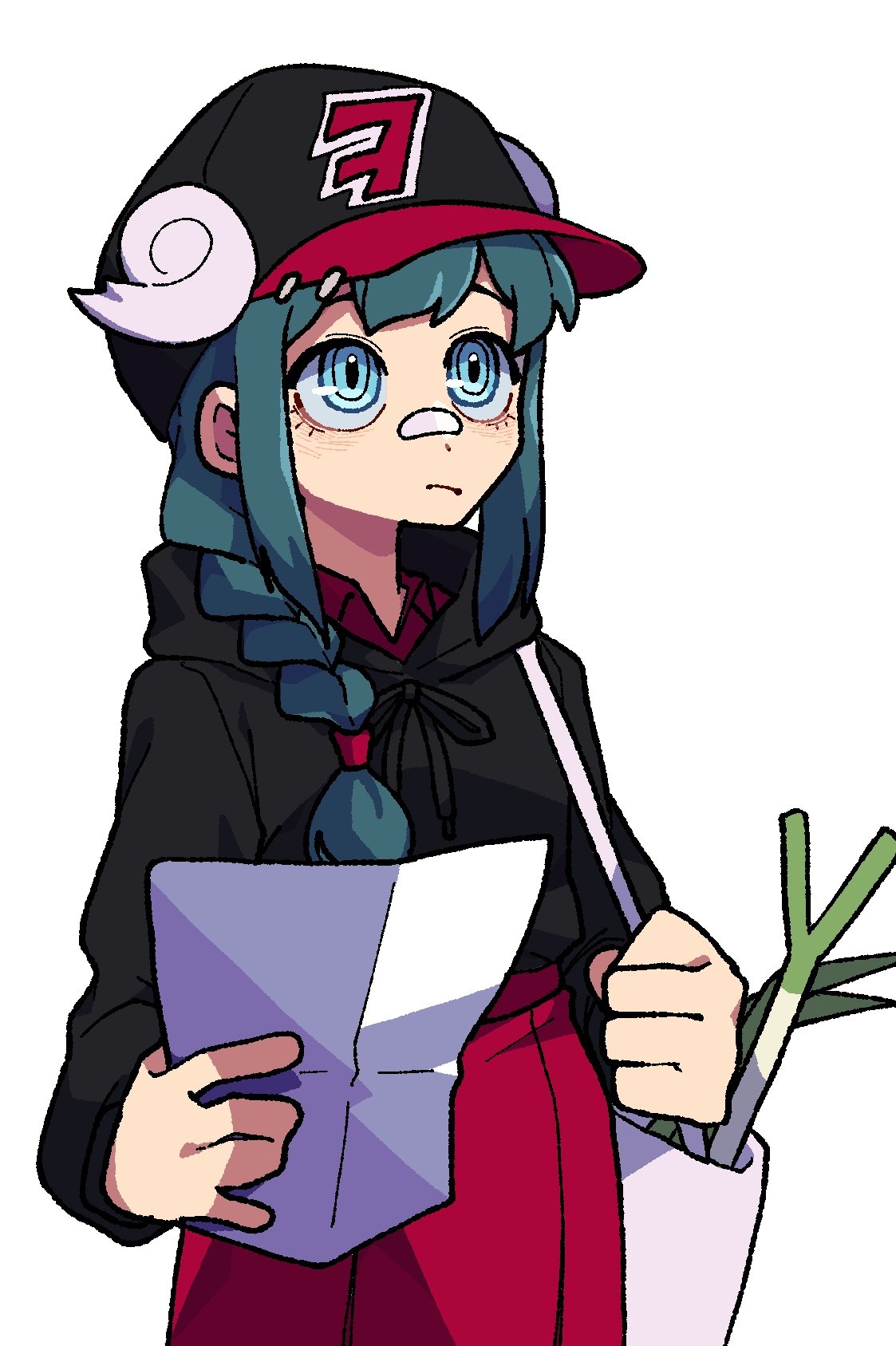 1girl, aqua_hair, bag, bandaid, bandaid_on_nose, bangs, baseball_cap, black_headwear