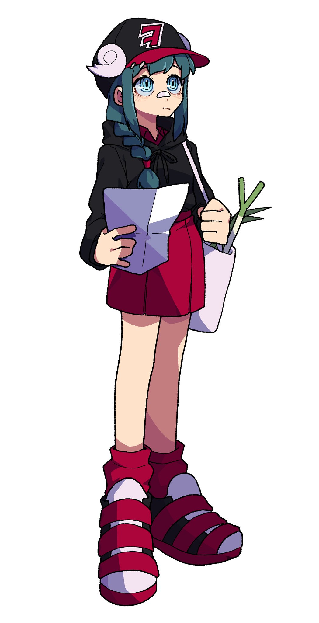 1girl, aqua_hair, bag, bandaid, bandaid_on_nose, bangs, baseball_cap, black_footwear