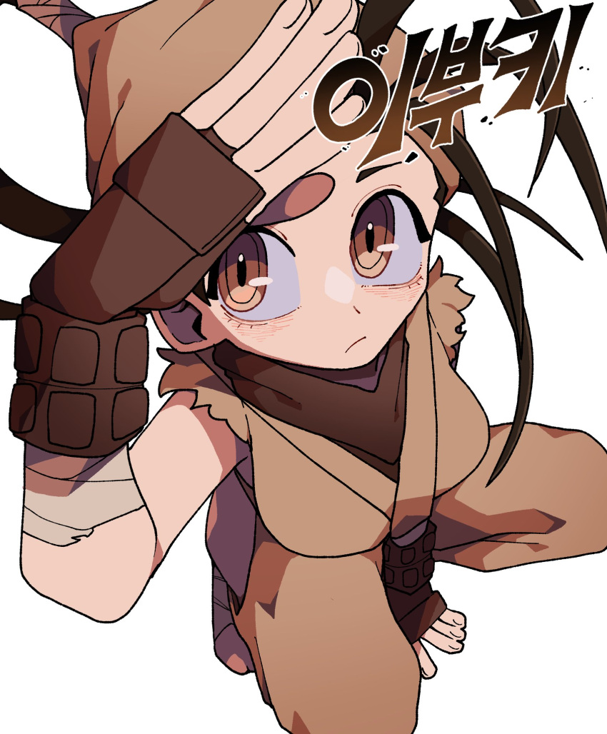 1girl, :/, arm_support, arm_up, bandaged_feet, bandana, between_legs, blush