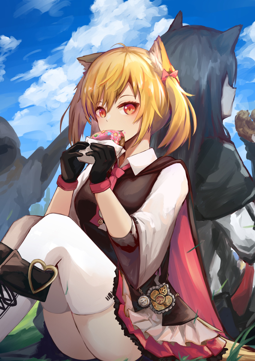 1boy, 2girls, absurdres, animal_ears, arknights, ass, back-to-back, black_gloves, black_hair, black_vest, blonde_hair, boots, bow, clouds, commentary, doughnut, eating, food, gloves, hair_bow, highres, holding, holding_food, knees_up, long_hair, looking_at_viewer, miniskirt, multiple_girls, necktie, outdoors, penguin_logistics_(arknights), pink_neckwear, red_eyes, sasa_kurumi, shirt, short_hair, sitting, skirt, sky, sora_(arknights), sweater, texas_(arknights), the_emperor_(arknights), thigh-highs, tied_hair, twintails, vest, white_footwear, white_legwear, white_shirt, white_sweater, wolf_ears