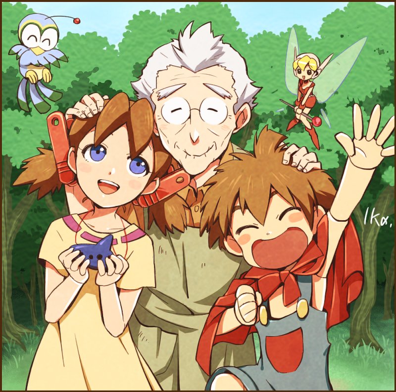 2boys, 2girls, :d, anime_coloring, bird, bird_(wonder_project), blue_eyes, blush