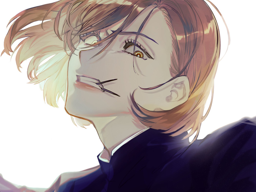 1girl, angry, brown_eyes, brown_hair, clenched_teeth, eyebrows_behind_hair, frown, furrowed_eyebrows, glaring, highres, jujutsu_kaisen, kugisaki_nobara, lips, messy_hair, mgmg_1012, mouth_hold, multicolored, multicolored_eyes, nail, profile, short_hair, solo, teeth, wind, wind_lift, yellow_eyes