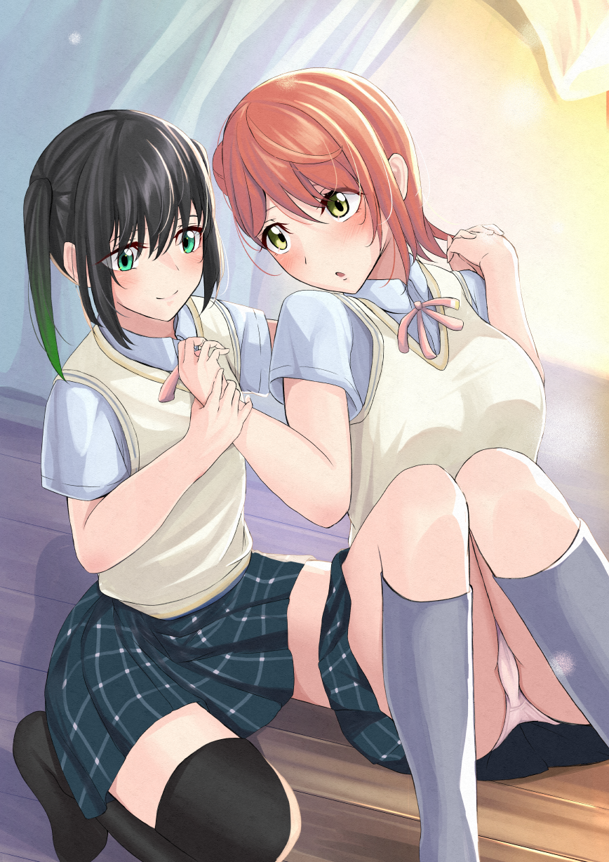 2girls, :o, black_hair, black_legwear, blue_shirt, blush, breasts, commentary_request