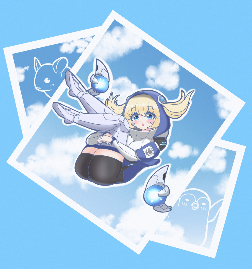 1girl, absurdres, bike_shorts, blonde_hair, blue_eyes, blush, chijeugotgam, ella_of_the_sky, eyebrows_visible_through_hair, full_body, hair_through_headwear, highres, hood, last_origin, long_hair, looking_at_viewer, open_mouth, solo, twintails