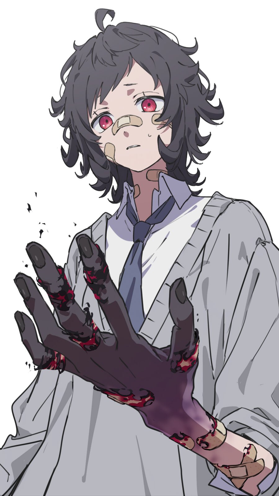 1boy, ahoge, bandaid, bandaid_on_face, bandaid_on_hand, bandaid_on_neck, bandaid_on_nose, black_hair