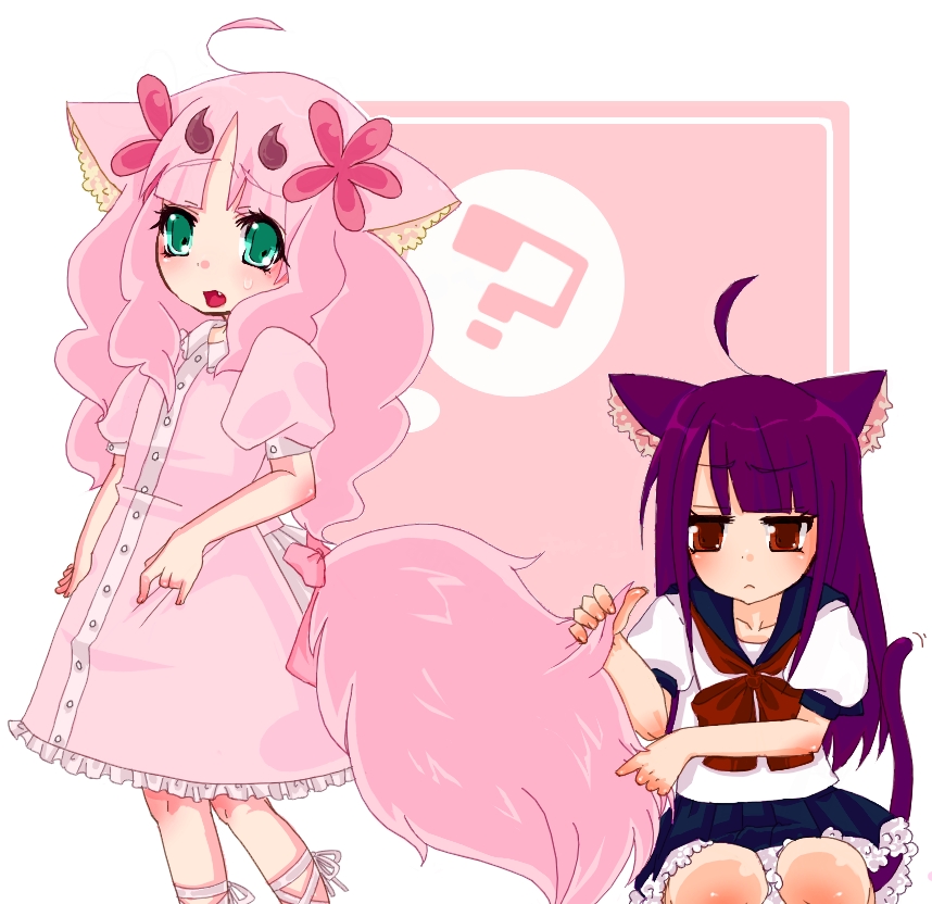 ahoge, animal_ears, aqua_eyes, bad_id, cat_ears, dress, fang, long_hair