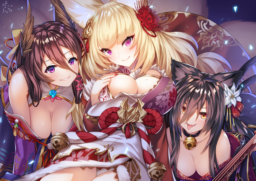 animal_ears, bettle_(b_s_a_n), black_hair, blonde_hair, breasts, brown_hair, cat_ears, cat_tail